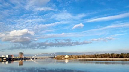 Sky clouds over the Dnieper  river. Scenic cityscape of Kiev, capital of Ukraine. 