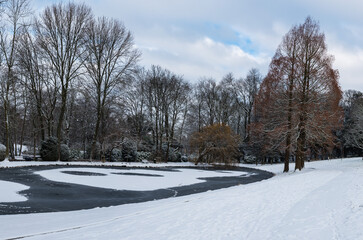 Fototapeta premium Bare trees and snow landscapes in a Brussels park during winter