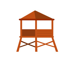 Rescue beach tower. Sea life guard tower. Beach lifeguard house. Flat wooden high hut.
