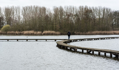 Young woman walking over wooden path from a birdhouse in the lake in the Flemish nature reserve Het Vinne, Zoutleeuw