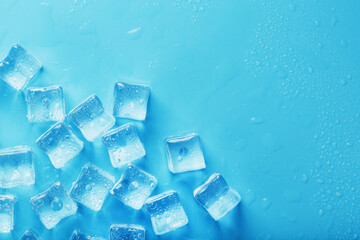 Ice made of cubes lined up with drops on a blue background with free space