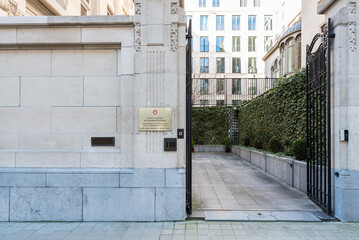 City of Brussels / Belgium - 02 15 2019: Facade, gate and indication sign of the Government of the Hong Kong special administrative region  for the diplomatic economic and trade office