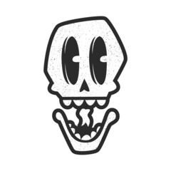 Stylized insane black and white spotted skull with big eyes and open mouth, teeth. Design for tattoo