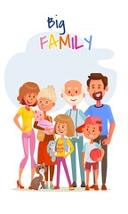 Big cute family mom, dad grandparents happy standing together smiling. Vector illustration in cartoon style.