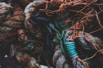 old worn fishing nets and ropes