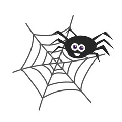 Big black smiling spider sitting on a cobweb on an isolated background on white. Cartoon style