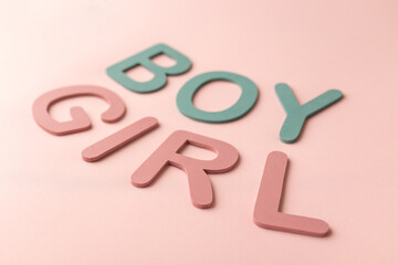 Inscriptions boy girl gender party decoration on the pink background. Horizontal photo top view