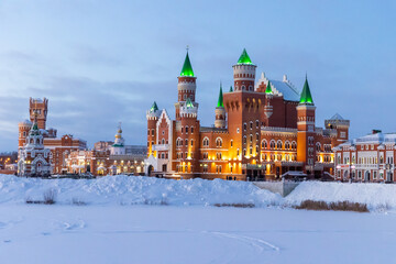 Naklejka premium Embankment of Bruges. A beautiful place in the Mari capital. Russia Yoshkar-Ola 08.01.2022