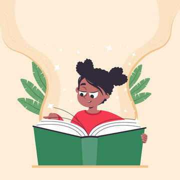 Cute girl reading a book. Children reading or studying with book. Black skin female with book, readers, young fans of literature. Modern flat cartoon colorful vector illustration with place for text.