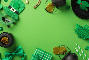 Top view photo of st patricks day decor party glasses leprechaun hat straws green bow-tie giftbox...