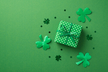 Top view photo of the small green with white dots giftbox and many confetti different size in shape...