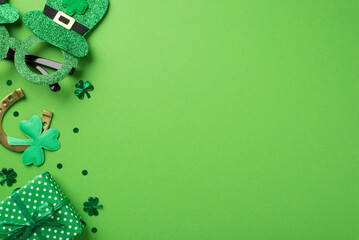 Top view photo of st patricks day decorations hat shaped party glasses horseshoe with green shamrock clover shaped confetti and giftbox on isolated pastel green background with copyspace - Powered by Adobe