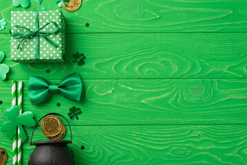 Top view photo of saint patrick's day decorations green giftbox shamrocks straws clover shaped confetti and pot with gold coins on isolated textured green wooden table background with copyspace