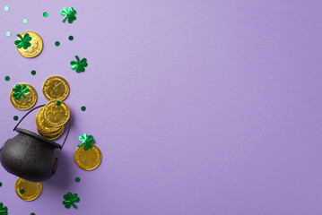 Top view photo of saint patrick's day decorations pot with gold coins and green clover shaped...