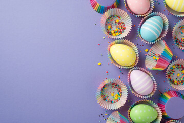 Top view of Easter decor bright colorful tiny sprinkles stars with many rainbow eggs different size...