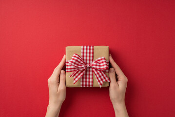 First person top view photo of valentine's day decorations woman's hands holding kraft paper giftbox with checkered ribbon bow on isolated red background with empty space