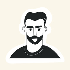Doodle man face avatar with mustache beard and haircut. Hipster guy portrait sticker with trendy hair. Hand drawn black and white flat vector illustration. Fashion bearded man face icon