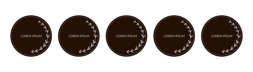 Black round green labels, templates, stickers, tags. Labels with floral frame. Vector set