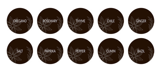 Black and white food labels or stickers. For marking kitchen food containers with spices. Vector set