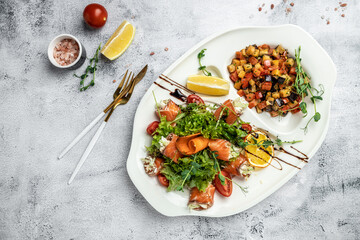 fresh salmon rolls salad with cheese and vegetables. Asian menu. Restaurant menu, dieting, cookbook recipe top view