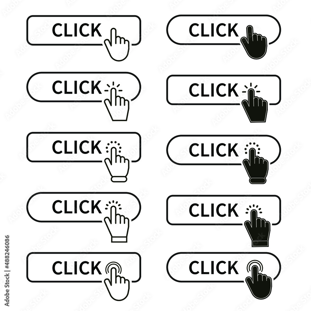 Leinwandbilder Click button set with hand pointer clicking. Click here web button. Isolated website hand finger clicking cursor – vector.
