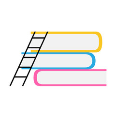 The ladder of knowledge leans on books icon. Flat cartoon vector illustration of education, teaching, schooling, growth, evolution, studies progress.