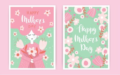 Set of Happy Mother's Day greeting card. Hand drawn woman holding a bouquet of flowers. Trandy Vector illustrations for a cute cover, poster, banner or card for the holiday moms