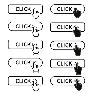 Click button set with hand pointer clicking. Click here web button. Isolated website hand finger clicking cursor – vector.