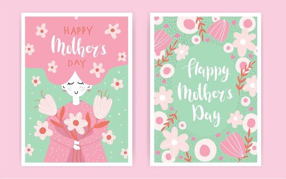 Set of Happy Mother's Day greeting card. Hand drawn woman holding a bouquet of flowers. Trandy Vector illustrations for a cute cover, poster, banner or card for the holiday moms