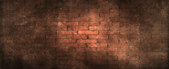 Old Brick wall panoramic view. Grunge red vintage background.
