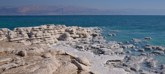 Bizarre salt deposits in the Dead Sea coast, Earth's lowest elevation on land. Unique coastline,...