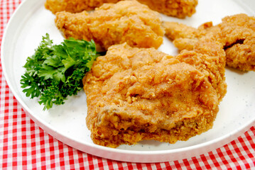 Close Up of a Southern Fried Chicken Thigh in a Picnic Setting