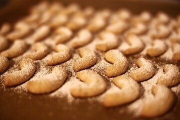 Baking plate with traditional German Vanillekipferl (vanilla-flavored crescent cookies)