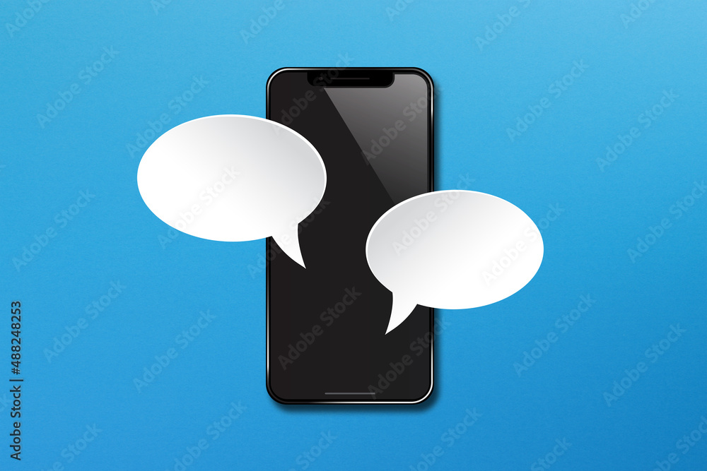 Poster smartphone with empty speech bubbles on blue background