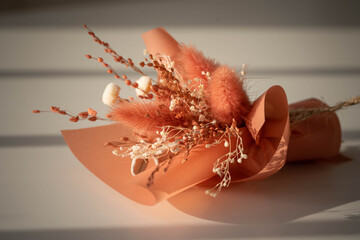small bouquet of dried flowers on a black background in terracotta colors, incredible art