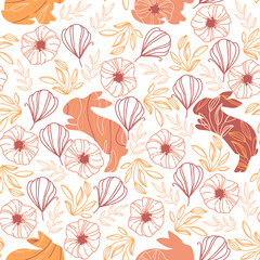 Seamless pattern with bunnies, leaves and flowers in boho style for Easter designs