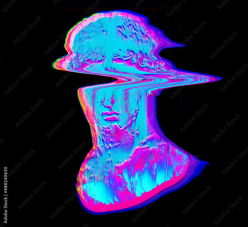 Poster abstract glitch art of corrupted graphics of pixel sorting processed classical sculpture head from 3