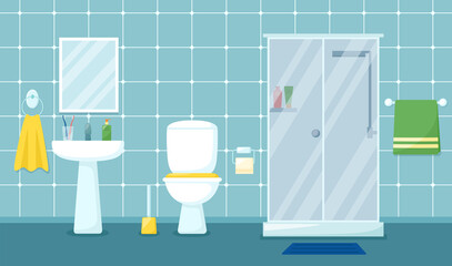 Modern bathroom interior with shower cabin, sink, mirror and toilet, vector illustration