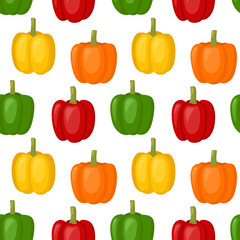 Seamless pattern with bell peppers. Sweet red, yellow, orange and green pepper. Vector illustration