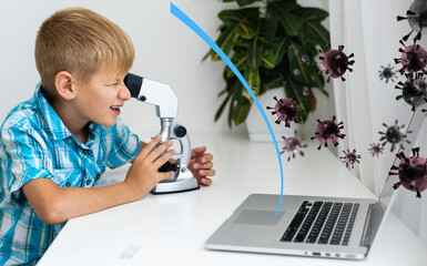 Cute little boy surrounded by viruses background. Healthcare concept. Coronavirus protection concept