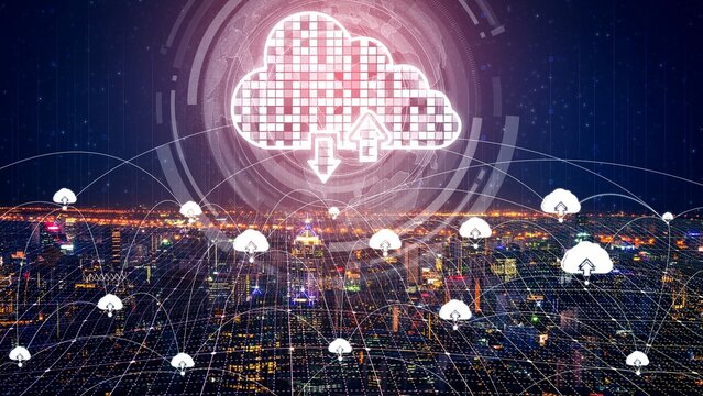 Cloud computing technology and online data storage for shrewd business network concept . Computer connects to internet server service for cloud data transfer presented in 3D futuristic graphic .
