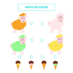 Match cute cartoon sheep and ice cream by color.