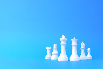 Realistic chess on bright blue background with copy space. Chess piece. Minimal creative battle concept. 3d render 3d illustration