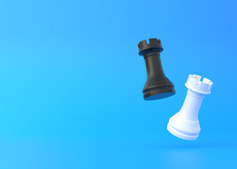 Realistic rook on bright blue background with copy space. Chess piece. Minimal creative battle concept. 3d render 3d illustration - obrazy, fototapety, plakaty