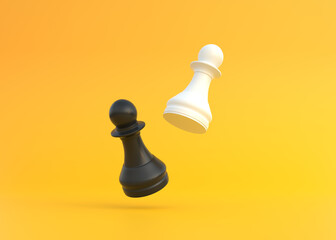 Realistic pawn on bright yellow background with copy space. Chess piece. Minimal creative battle concept. 3d render 3d illustration - obrazy, fototapety, plakaty