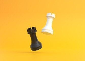 Realistic rook on bright yellow background with copy space. Chess piece. Minimal creative battle concept. 3d render 3d illustration © Andrii