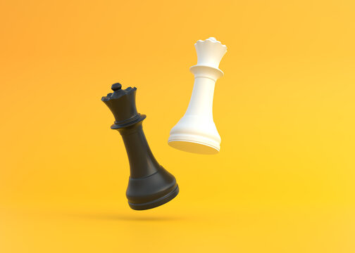 Realistic queen on bright yellow background with copy space. Chess piece. Minimal creative battle concept. 3d render 3d illustration