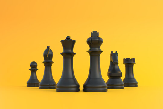 Realistic chess on bright yellow background with copy space. Chess piece. Minimal creative battle concept. 3d render 3d illustration