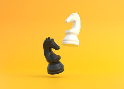 Realistic knight on bright yellow background with copy space. Chess piece. Minimal creative battle concept. 3d render 3d illustration