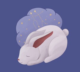 Zodiac for children with cute animals. White rabbit sleeping and dreaming with a star map. The constellation of Gemini. Bunny cartoon illustration in pastel colors. Nursery poster. 